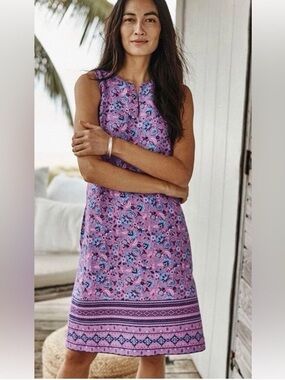 J. Jill Love Linen Purple Floral Border-Print Sleeveless Dress Size M Tall
